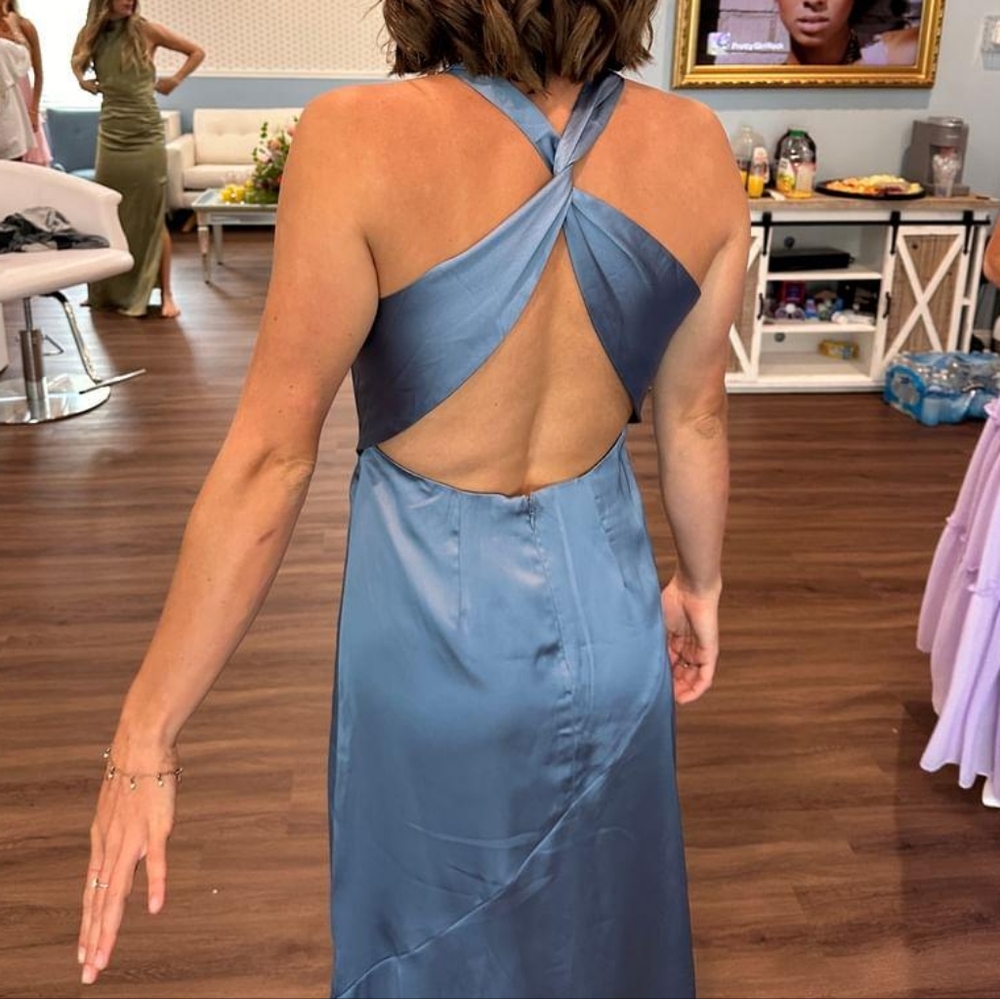 Purely Elegant Slate Blue Satin Twist-Back Maxi Dress